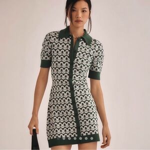 ANTHROPOLOGIE MAEVE GREEN & WHITE GEOMETRIC BUTTON UP COLLARED DRESS LIKE NEW S